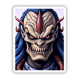 A Cool Alien Predator Soldier cartoon with blue hair and red horns, available as stickers or digital artwork, featuring an expressive monster face reflecting unique vinyl art characteristics.
