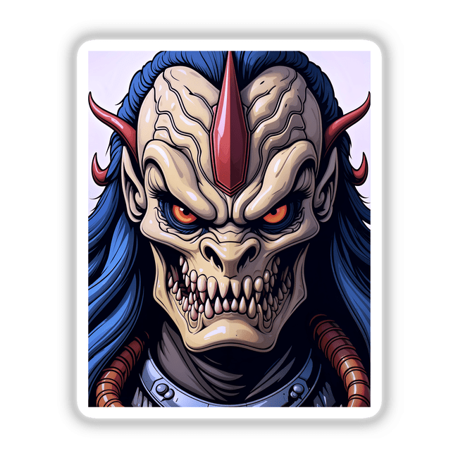 A Cool Alien Predator Soldier cartoon with blue hair and red horns, available as stickers or digital artwork, featuring an expressive monster face reflecting unique vinyl art characteristics.