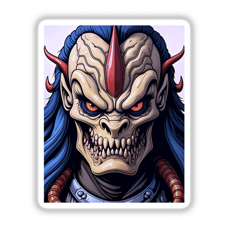 A Cool Alien Predator Soldier cartoon with blue hair and red horns, available as stickers or digital artwork, featuring an expressive monster face reflecting unique vinyl art characteristics.