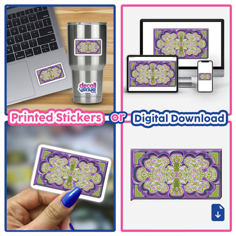 Collage showcasing a laptop with a unique design sticker, featuring close-ups of tech devices and digital artwork elements, available as stickers or digital downloads from Decal Venue.