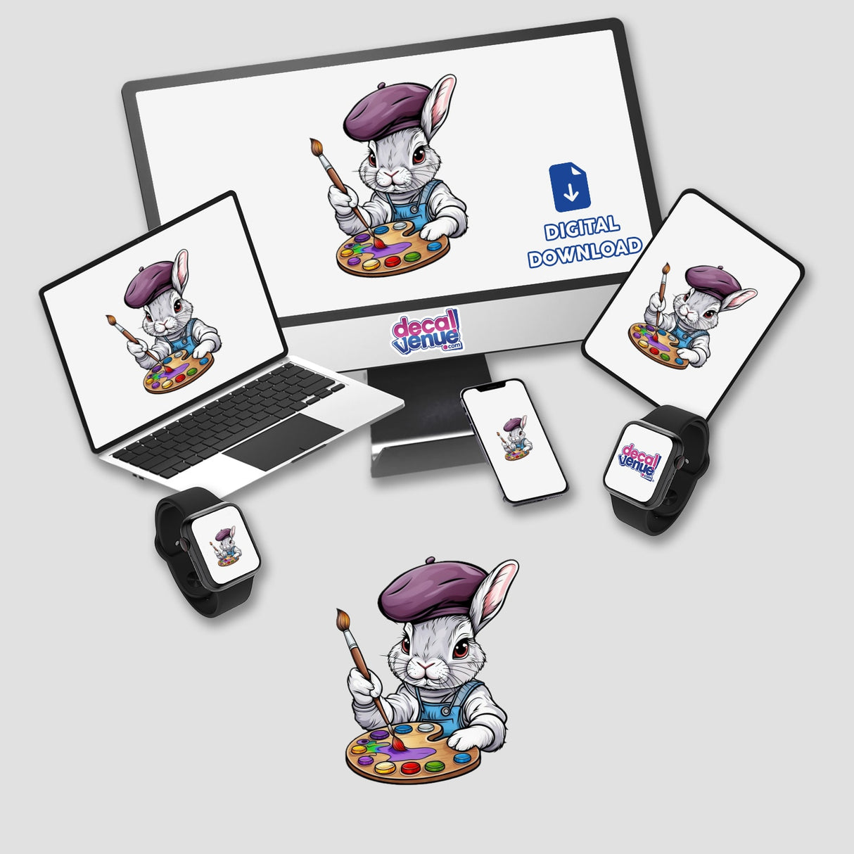 a laptop, phone, and tablet all have stickers on them