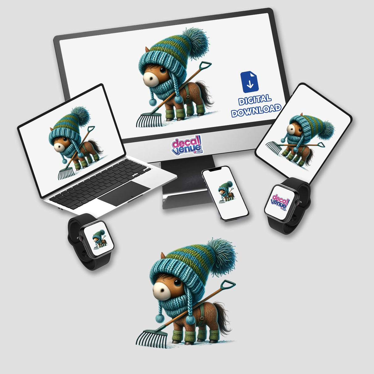 Horse Gnome with Rake cartoon displayed on computer monitor and laptop, available as stickers or digital artwork.
