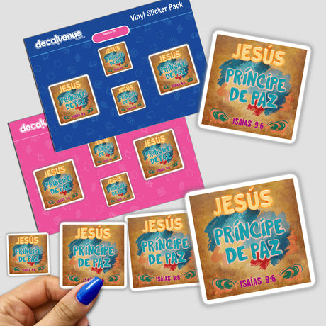 Fauvist Sticker | JESÚS PRÍNCIPE DE PAZ Isaías 9:6 Sticker: A hand holds a detailed sticker featuring religious text, available for purchase as a sticker or digital clipart with commercial rights.
