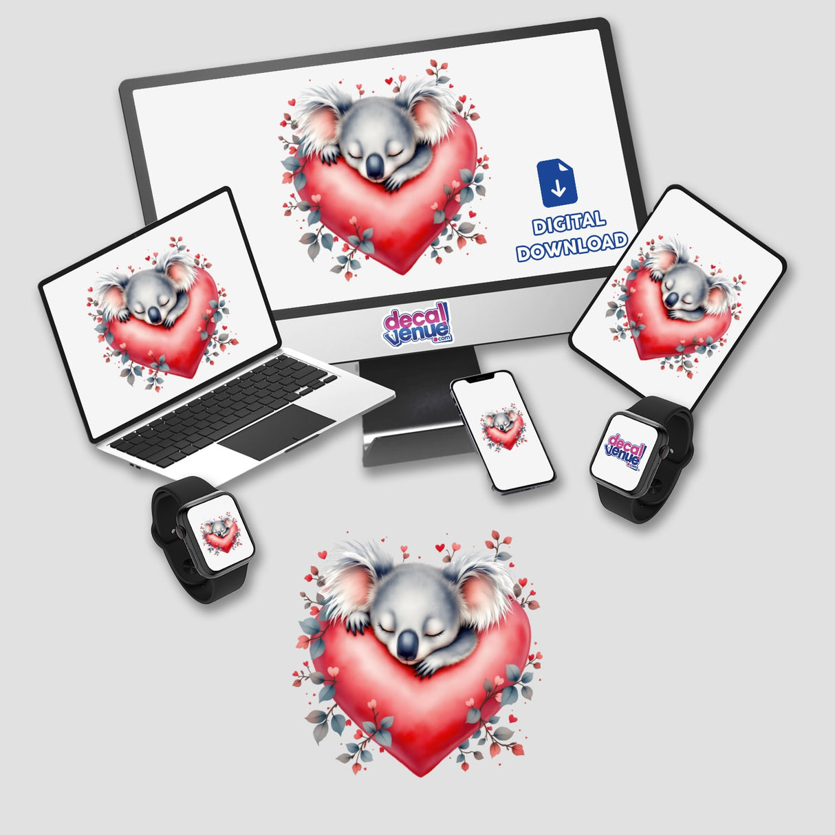 Sleeping Koala on Heart design featuring a koala resting on a heart. Available as vinyl stickers and digital art, ideal for laptops and digital displays. Perfect for adding charm to your collection.