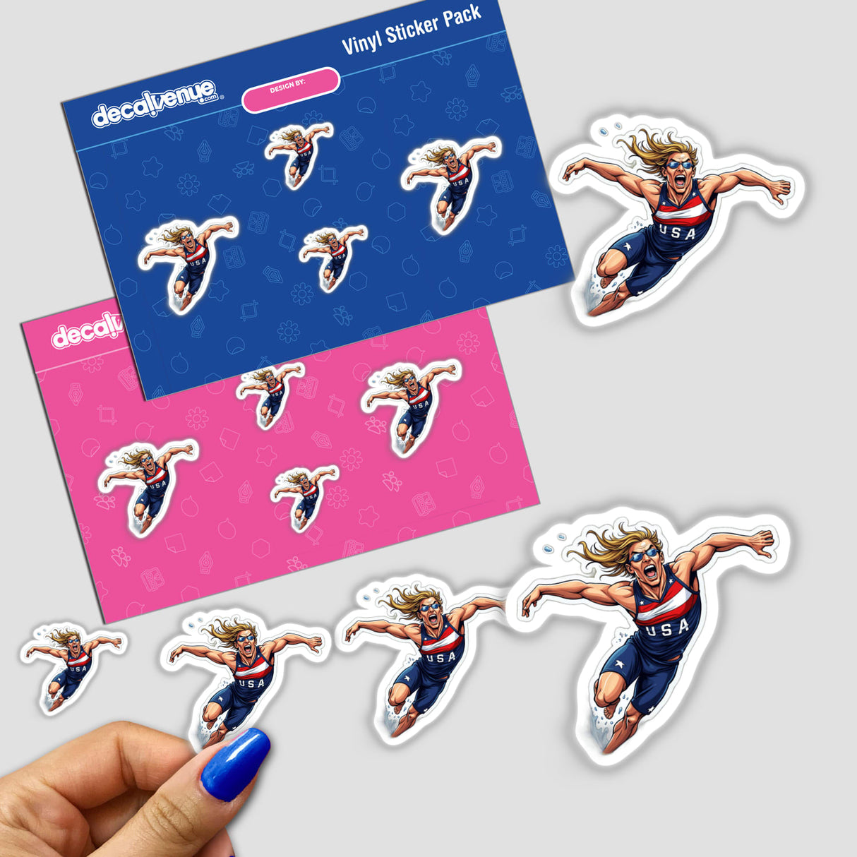 Hand holding a Velocista Nato sticker, featuring a cartoon man running; available as stickers or digital artwork at Decal Venue.