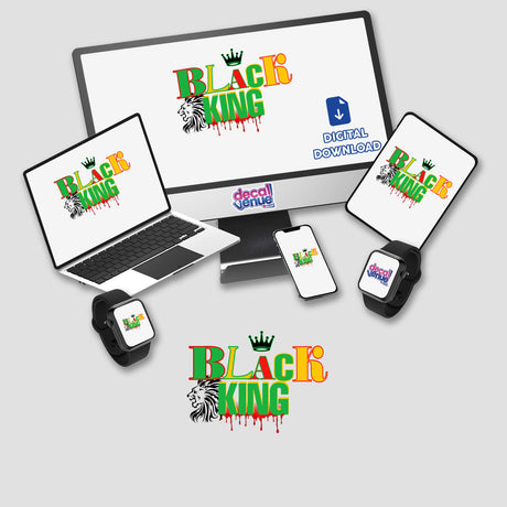 African American Black King digital artwork displayed on a computer monitor and laptop screen, with a smart watch and keyboard also visible in the setup. Available as stickers or digital artwork.