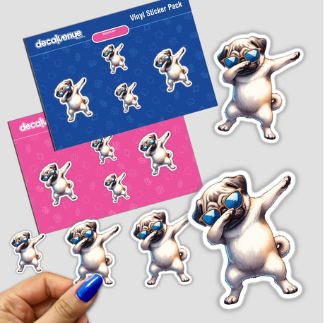 Colorful decal sticker pack featuring dabbing pug dogs in various poses. The pack includes several sticker designs showcasing the cute and playful pugs in distinct dabbing dance moves, with fun and whimsical expressions. The pug stickers are presented on a vibrant pink and blue background, providing an eye-catching and visually appealing product display.