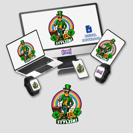 Dapper Leprechaun 'Luck of the Stylish' St. Patrick's Day Digital Sticker by SHH Creations featured on various digital devices including laptop, smartphone, and smartwatch against a white background.