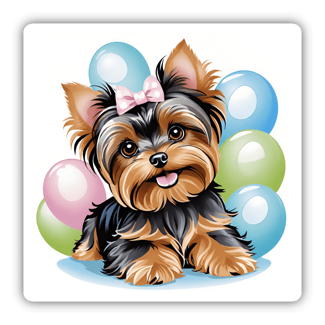 Cute Girl Yorkie Light Pink Bow and Balloons