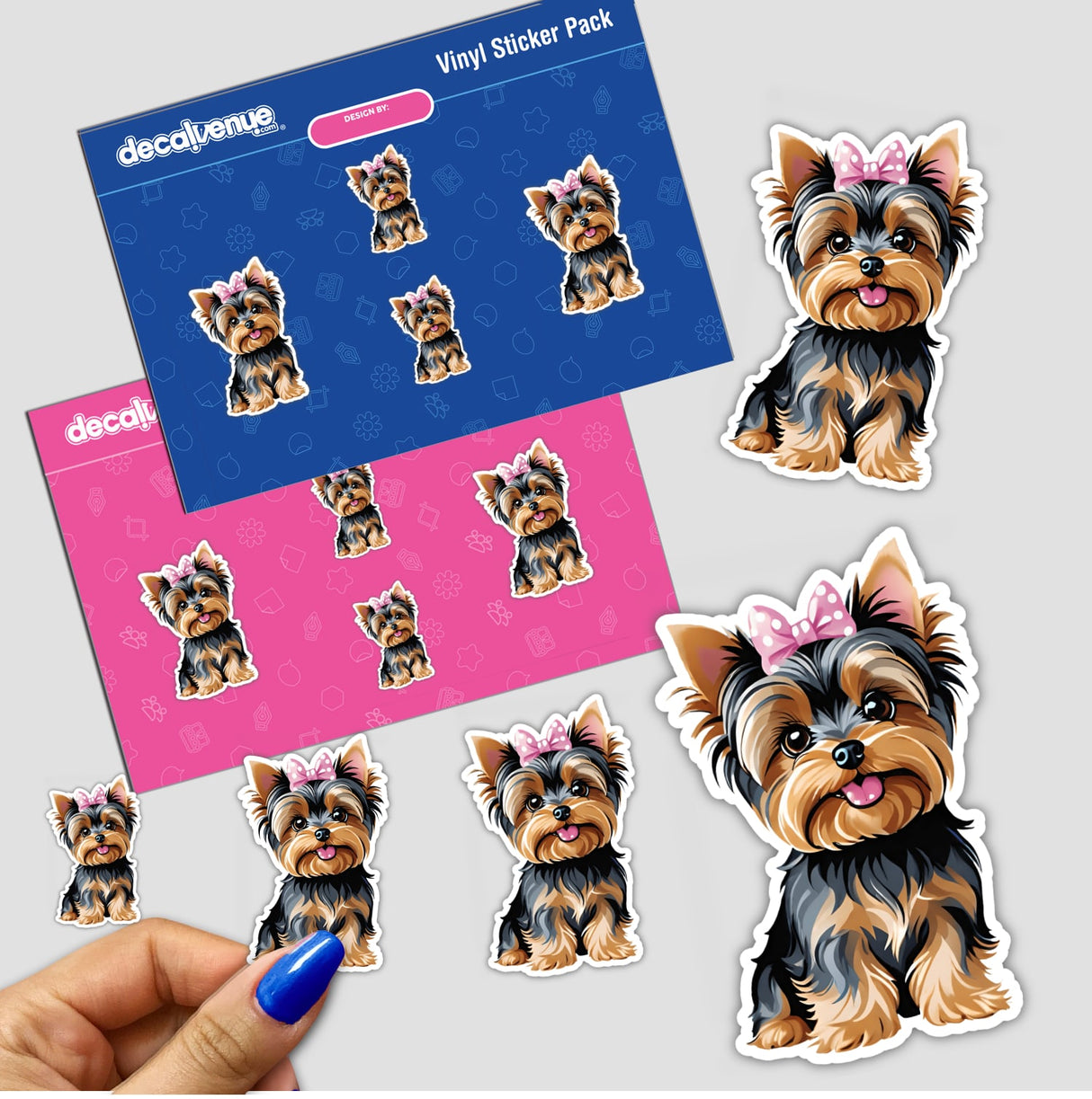 Happy Yorkie Polka Dot Pink Bow sticker pack featuring cute cartoon dogs with pink bows, available as stickers or digital artwork.