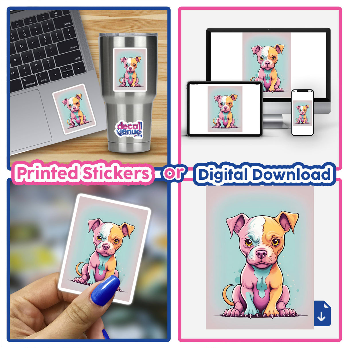 Colorful digital artwork depicting an adorable angry dog, displayed on a laptop, phone, and as a printed sticker. The digital download and printed sticker products from the Decal Venue store allow customers to express their style with this unique, vibrant design.