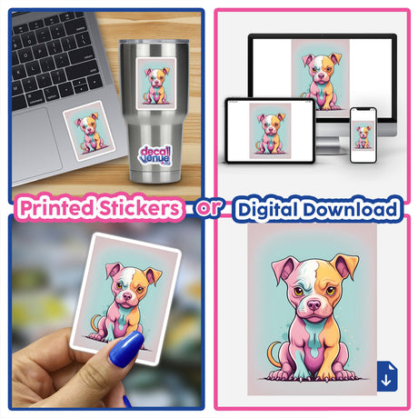 Colorful digital artwork depicting an adorable angry dog, displayed on a laptop, phone, and as a printed sticker. The digital download and printed sticker products from the Decal Venue store allow customers to express their style with this unique, vibrant design.