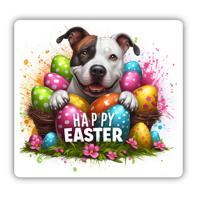 Happy Easter Pitbull with Lots of Eggs