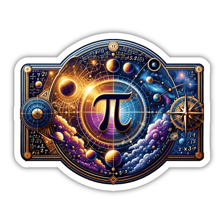 Cosmic Pi Day Celebration Digital Art Sticker featuring a vibrant, astrological design with planets, constellations, and the pi symbol in a decorative, celestial composition.