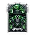 Glowing skull in top hat with shamrocks, St. Patrick's Day digital artwork sticker.
