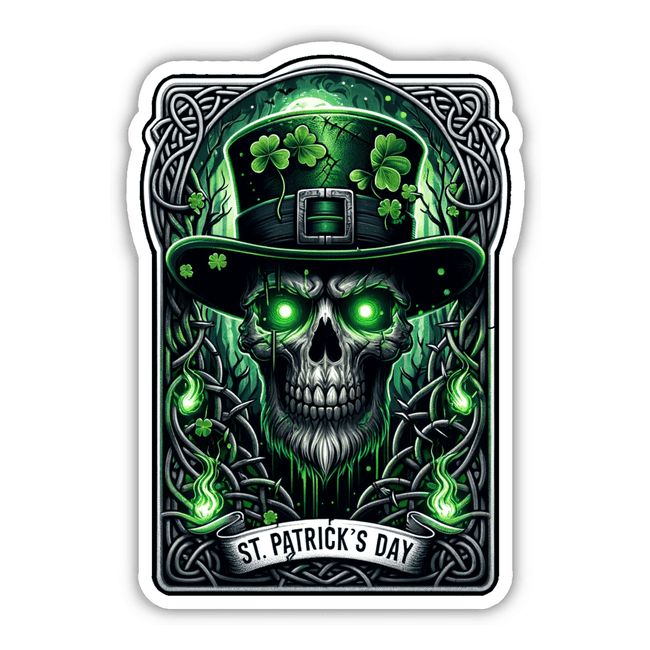 Glowing skull in top hat with shamrocks, St. Patrick's Day digital artwork sticker.