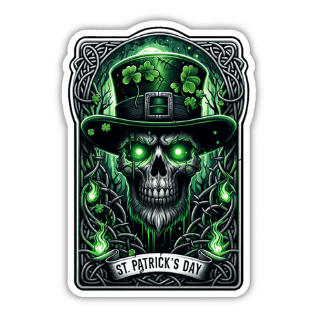 Glowing skull in top hat with shamrocks, St. Patrick's Day digital artwork sticker.