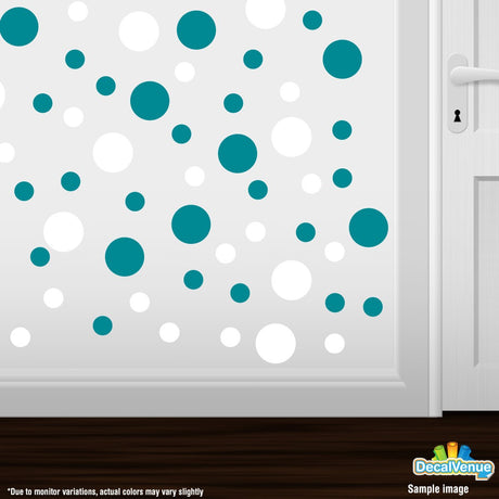 Colorful turquoise polka dot circles wall decals on a bright white background