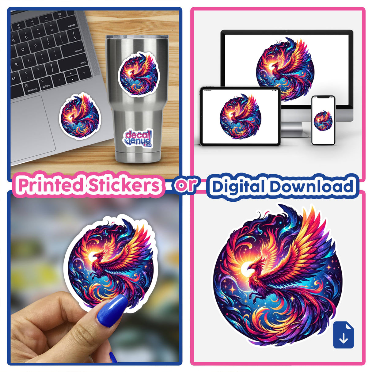 Vibrant digital phoenix artwork showcased on various surfaces, including a laptop, device screens, stickers, and a tumbler. The mythical creature displays a fiery, colorful design with intricate details, conveying a sense of power and dynamism. The product is a digital download or printed stickers offered by the Decal Venue store, which specializes in unique digital art and stickers created by talented designers.