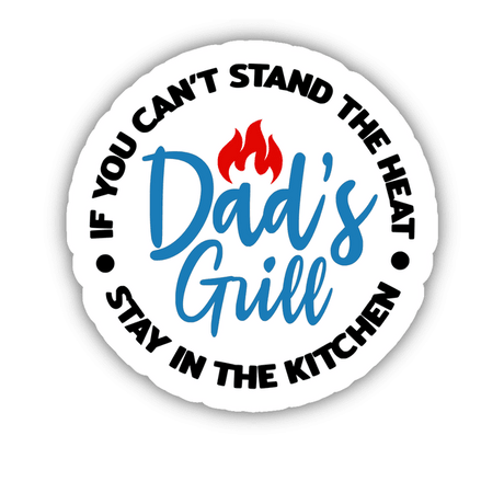 Dad's Grill sticker with flame graphics and text describing the product