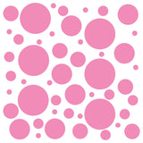 Assorted pink polka dot circles of varying sizes arranged on a plain background
