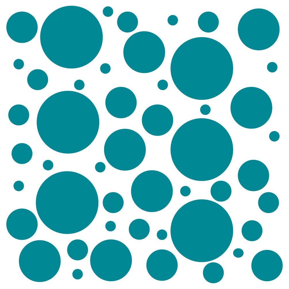 Assorted teal polka dot circles of varying sizes scattered throughout the image.