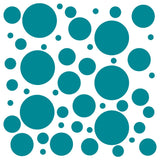 Assorted teal polka dot circles of varying sizes scattered throughout the image.