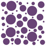 Assorted purple polka dot circles of various sizes displayed on a white background.