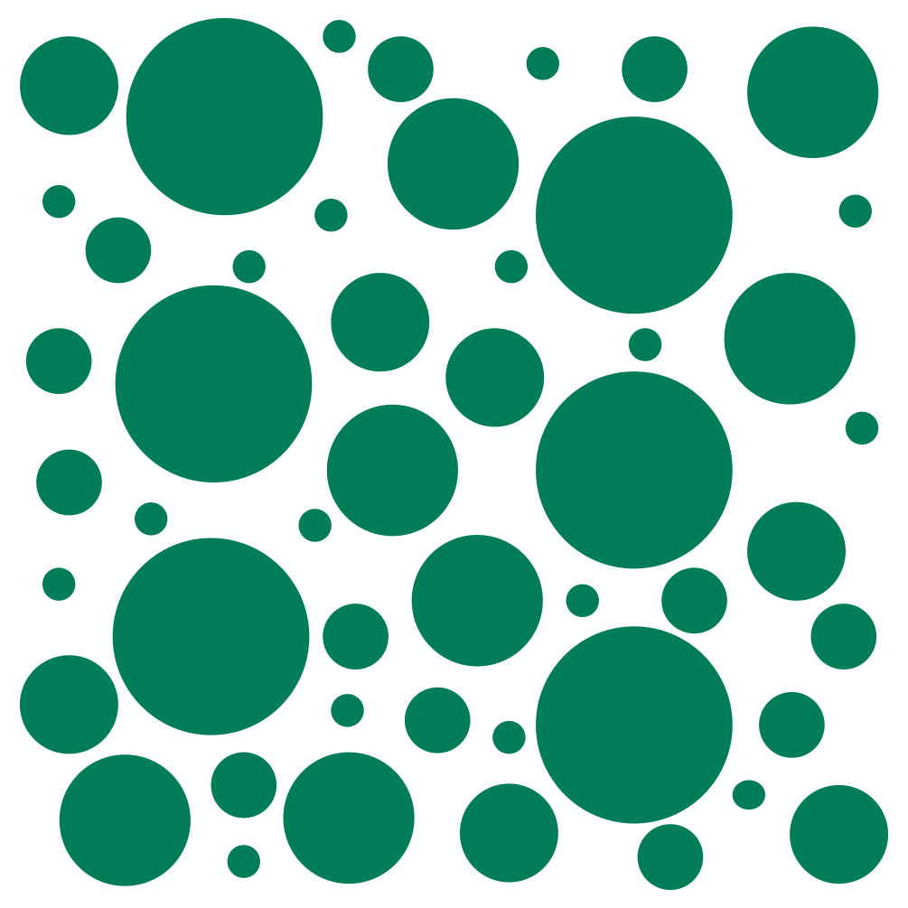 Set of assorted green polka dot circles on a plain background