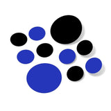 Black and blue polka dot circles wall decals made of premium vinyl for easy peel and stick application on various surfaces.
