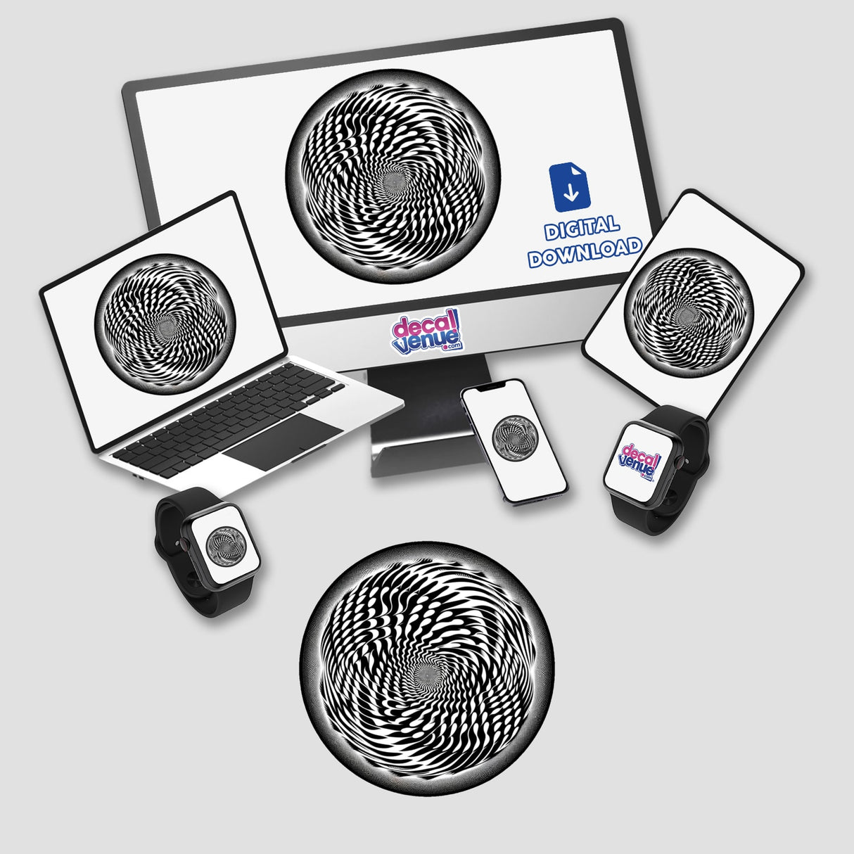 Convex-Concave Spiral Optical Illusion Sticker on various digital devices, including a laptop, smartphone, and smartwatch, displayed in the Decal Venue online store.