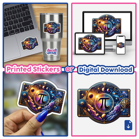 Cosmic Pi Day Celebration Sticker - Vibrant digital artwork featuring a colorful cosmic design with the pi symbol, planets, and celestial elements.