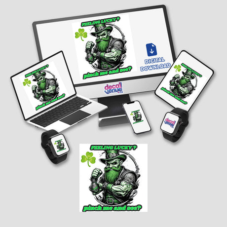 Lucky Leprechaun digital artwork displayed on a laptop and monitor, available as stickers. The screens show a green cartoon leprechaun, perfect for unique decor from Decal Venue.