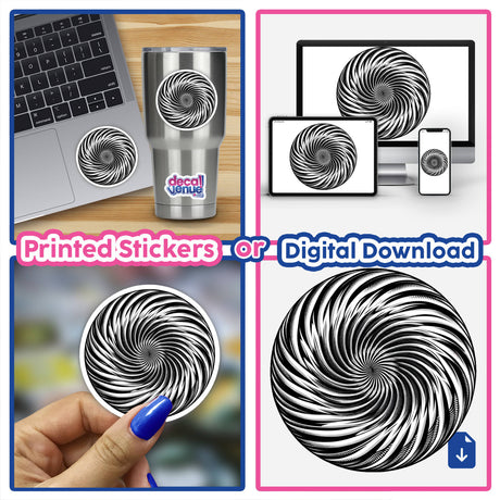 Striking optical illusion spiral sticker showcasing abstract monochrome design, available as a printed decal or digital download from Decal Venue, an online store offering unique stickers and digital artwork.