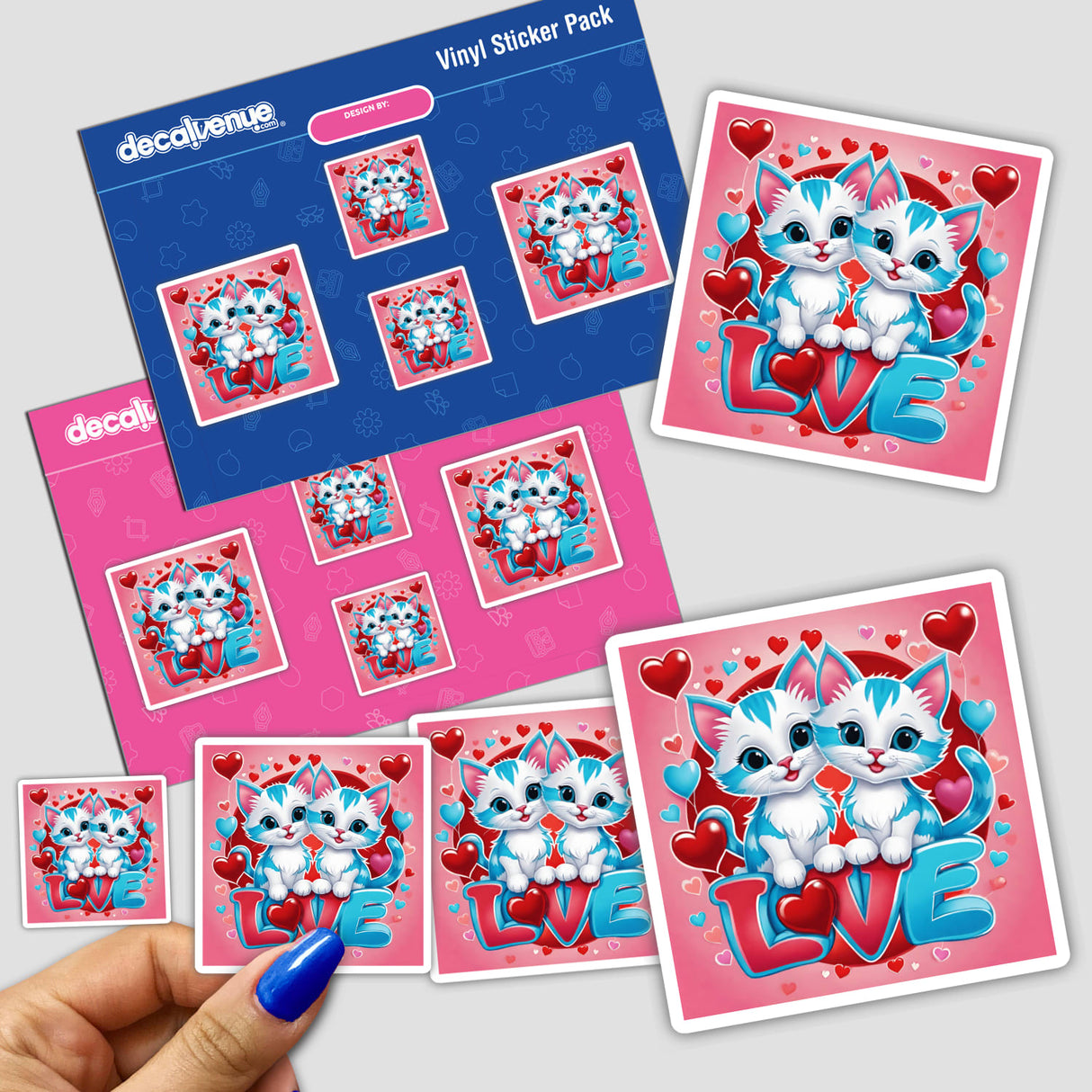 Cute Kitten Love Red and Blue Hearts