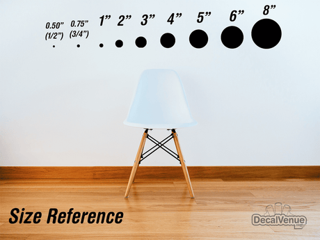 Black Polka Dot Circles Wall Decals - Size guide showing various diameters on a wooden floor with a modern chair in the image.