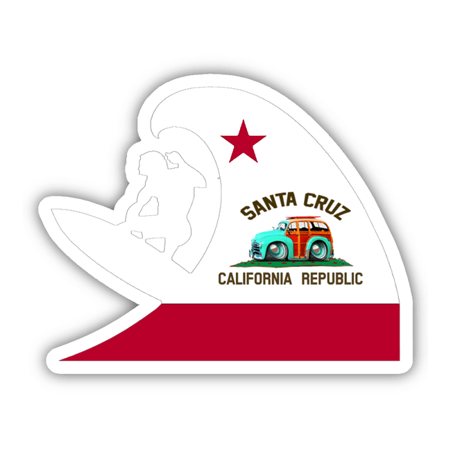Surf Wave Santa Cruz - Retro surf vehicle and California flag graphic, depicting the essence of coastal lifestyle and beach culture. This digital artwork sticker features vibrant colors and a playful design, perfect for expressing your love for the Santa Cruz region.