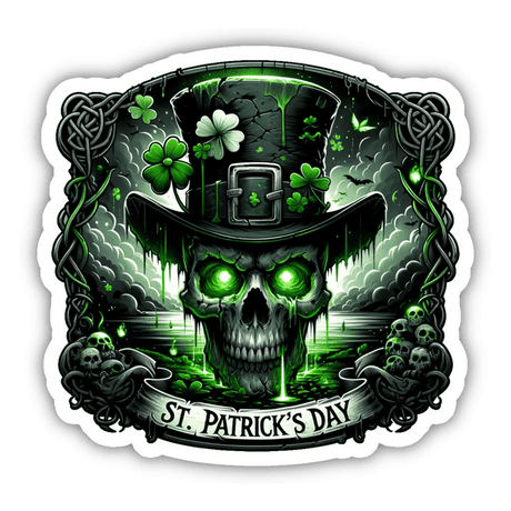 Emerald-Eyed Skull with Shamrock Hat St. Patrick's Day Sticker - Spooky skull wearing a green shamrock hat against a backdrop of Celtic designs and St. Patrick's Day imagery.