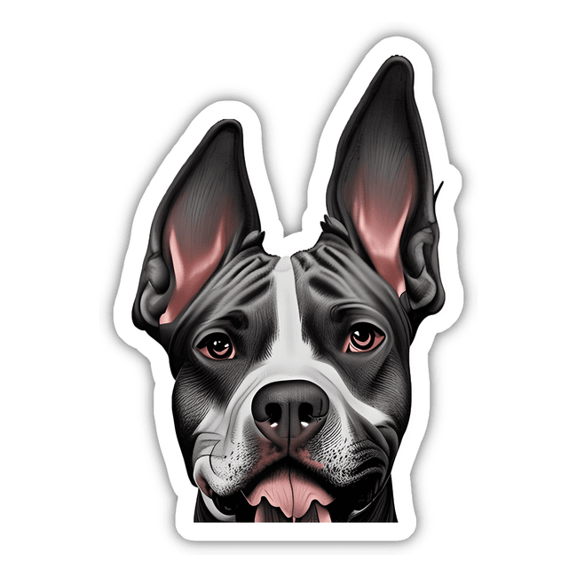 Silly Pitbull: Close-up of a black and white dog with pink ears, available as unique stickers or digital artwork from Decal Venue.