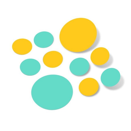 Colorful polka dot circles wall decals in yellow and mint green against a white background.