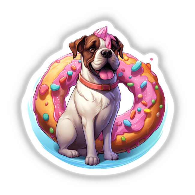 Adorable dog wearing a unicorn horn and sitting in front of a colorful donut background