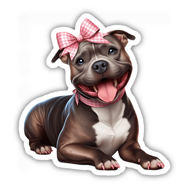 Laying Pitbull with Gingham Pink Bow