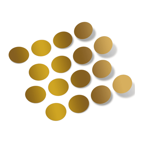 Metallic gold polka dot circles wall decals arranged on a plain white background