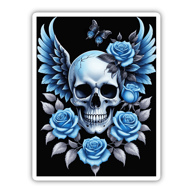 Gothic Skull with Wings and Blue Roses