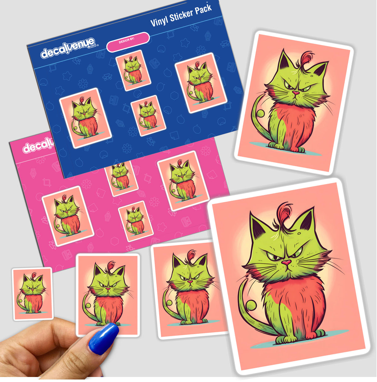 Adorable Angry Cat Vinyl Sticker Pack featuring vibrant digital artworks of a colorful, grumpy-looking feline character in various poses.