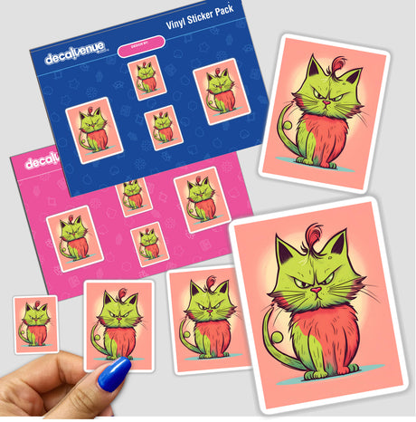 Adorable Angry Cat Vinyl Sticker Pack featuring vibrant digital artworks of a colorful, grumpy-looking feline character in various poses.