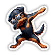 Stylized digital artwork of a dabbing Rottweiler dog with black and orange fur, wearing dark sunglasses and striking a playful pose.