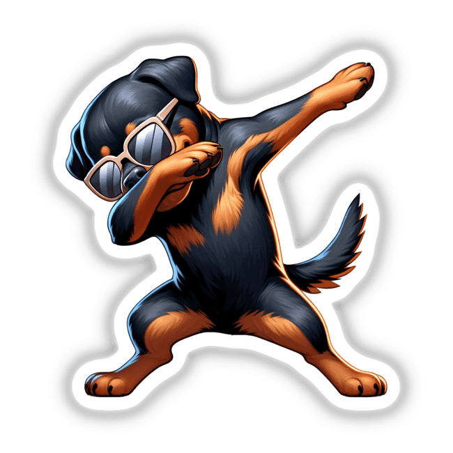 Stylized digital artwork of a dabbing Rottweiler dog with black and orange fur, wearing dark sunglasses and striking a playful pose.