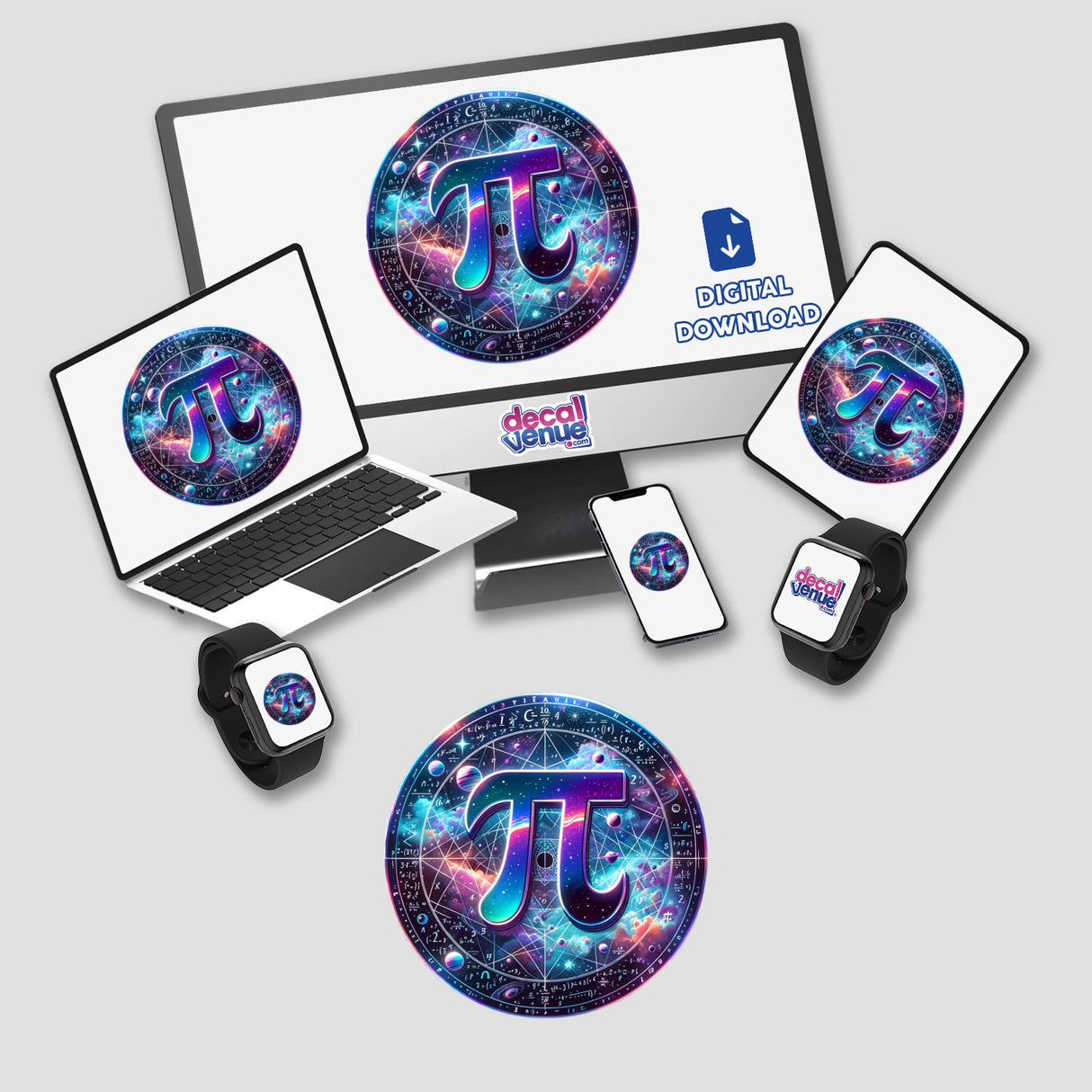 Galactic Pi Day constellation sticker featuring vibrant, cosmic design on various electronic devices like laptops, smartphones, and smartwatches.