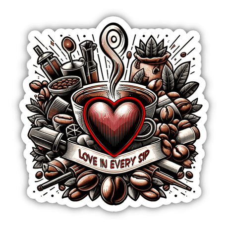 Vibrant sticker featuring a heart-shaped cup of steaming coffee surrounded by coffee beans, coffee-making tools, and a banner that reads "Love in every Sip". This colorful and detailed digital artwork captures the passion and enjoyment of coffee lovers.